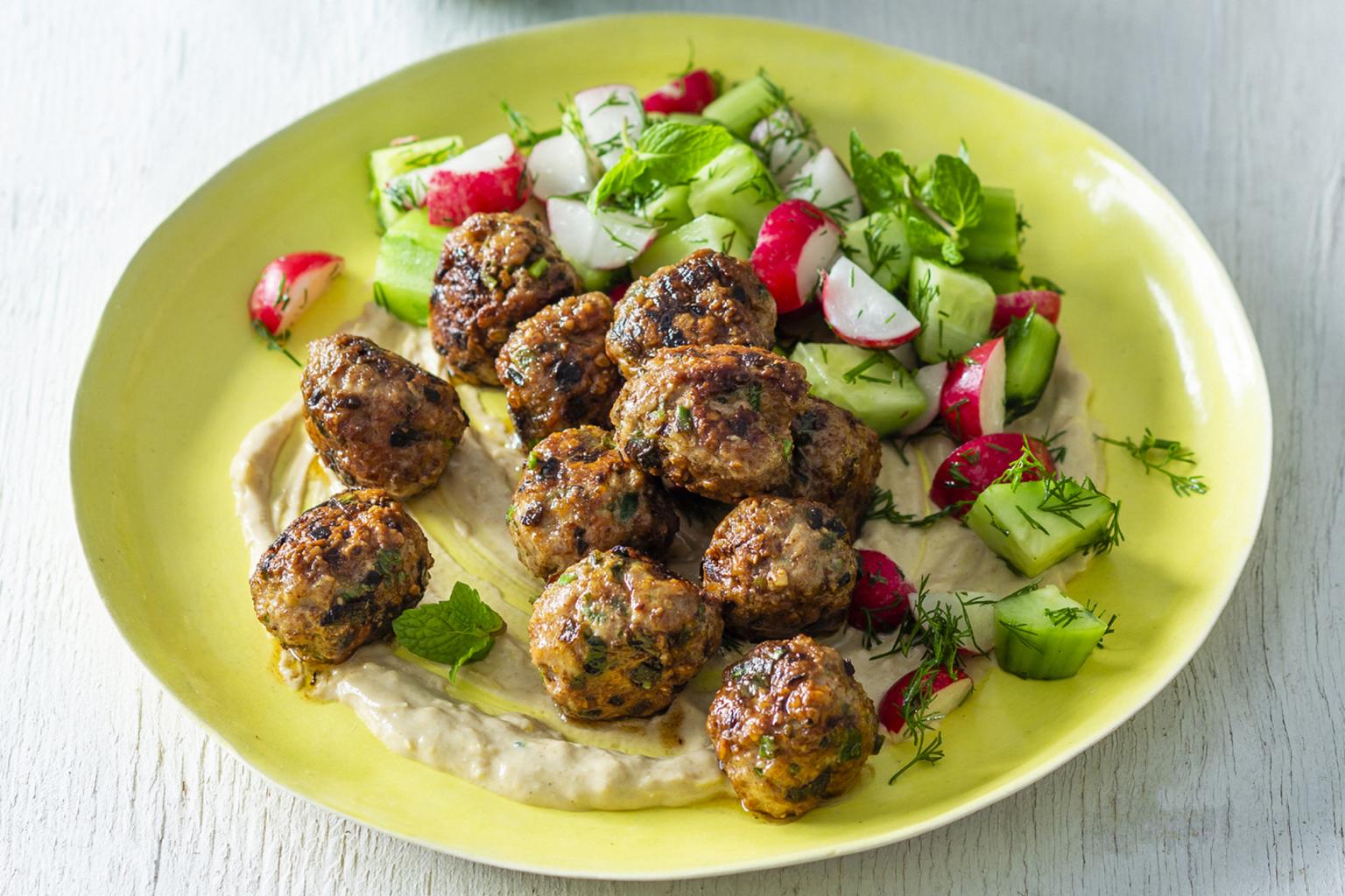 Spiced pork meatballs with warm tahini dressing Fresh Living