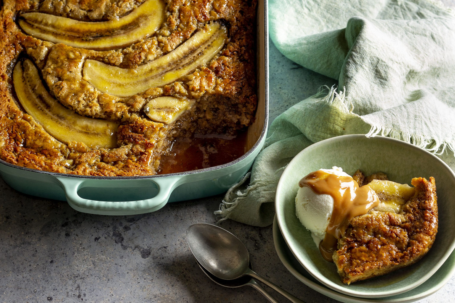 Banana bread traybake with cheat’s caramel sauce Fresh Living