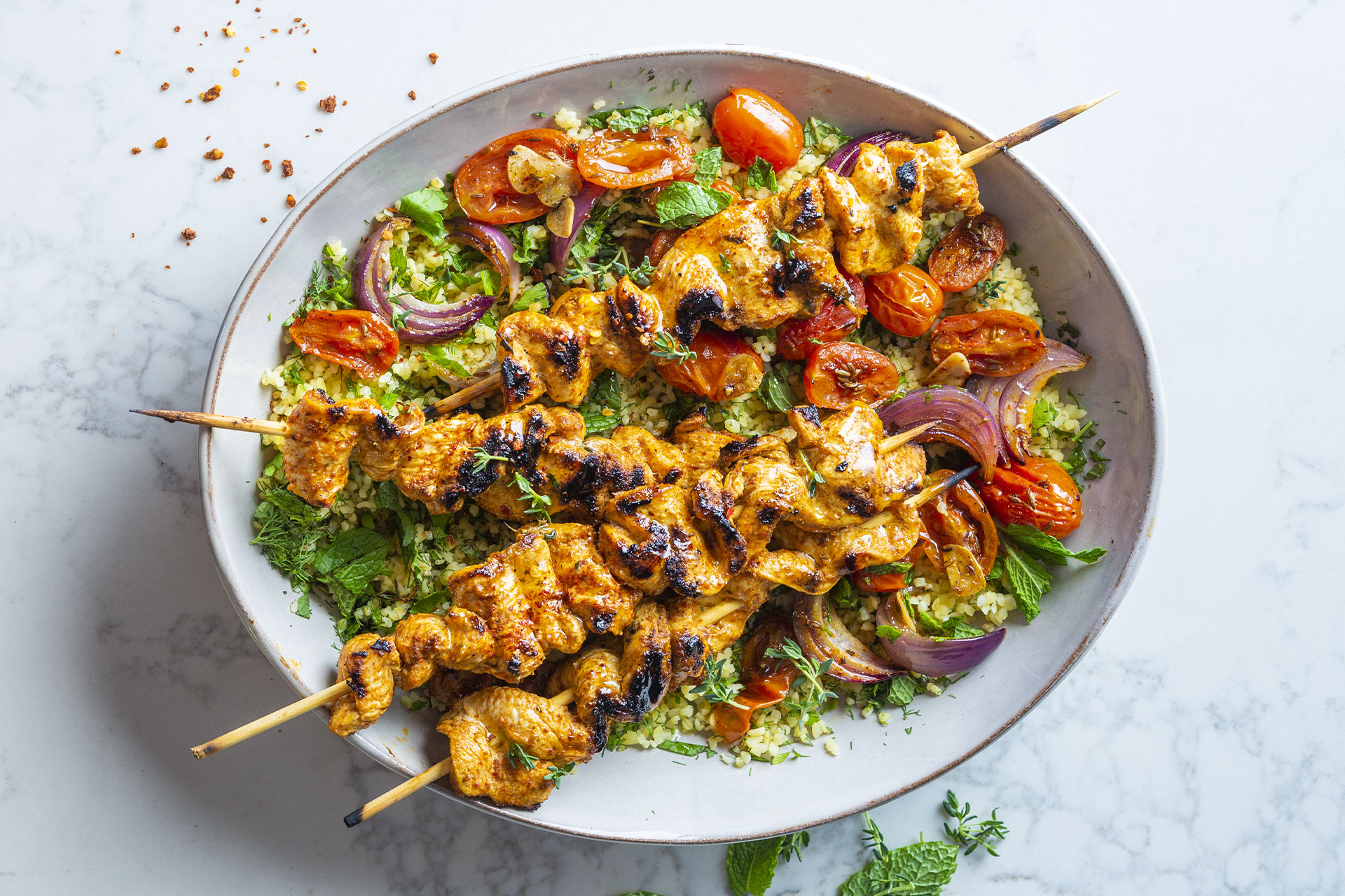 Chicken Skewers With Roast Tomatoes And Bulgur Wheat Fresh Living