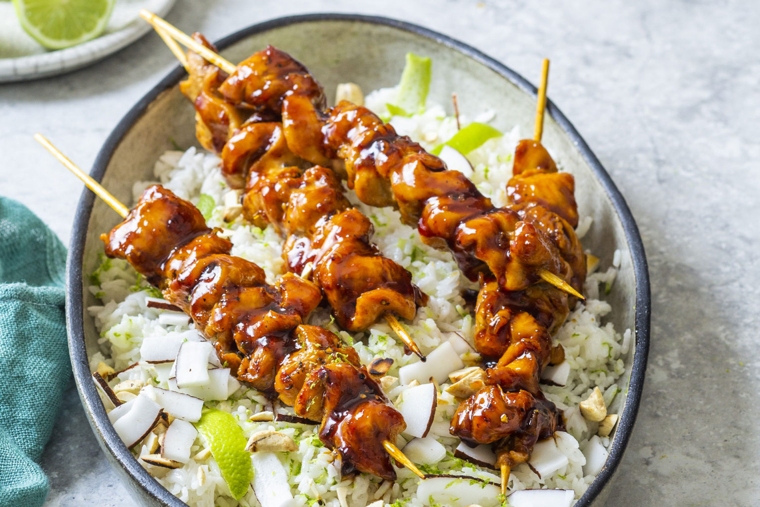 Coconut cashew rice with sticky chicken skewers - Fresh Living